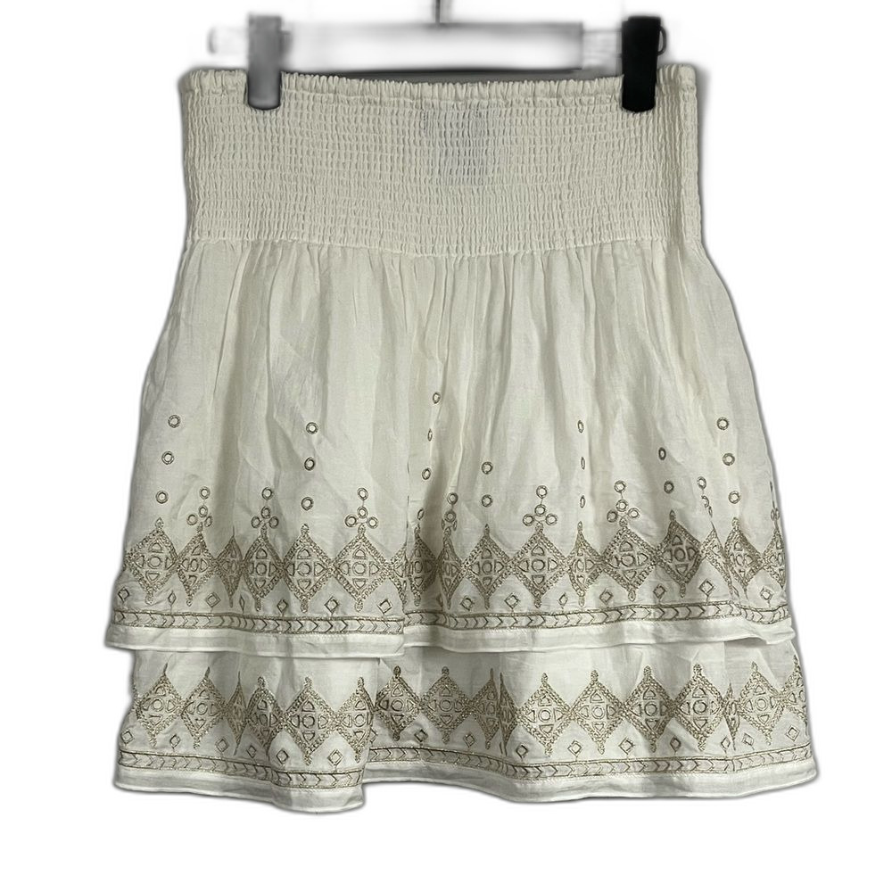 WHBM White Gold Embroidered Smocked Waist Tiered Silk Mini Skirt Size XS - Picture 3 of 7